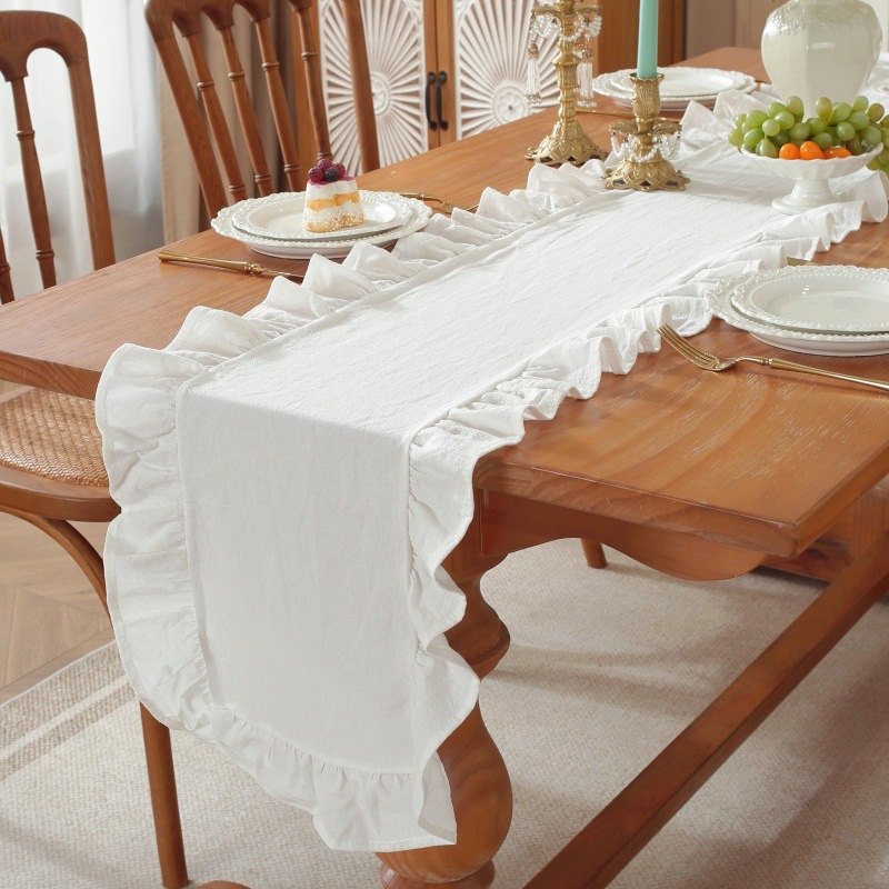 Linen Table Runner - Solid Color Ruffled Rectangular Tablerunner Cute